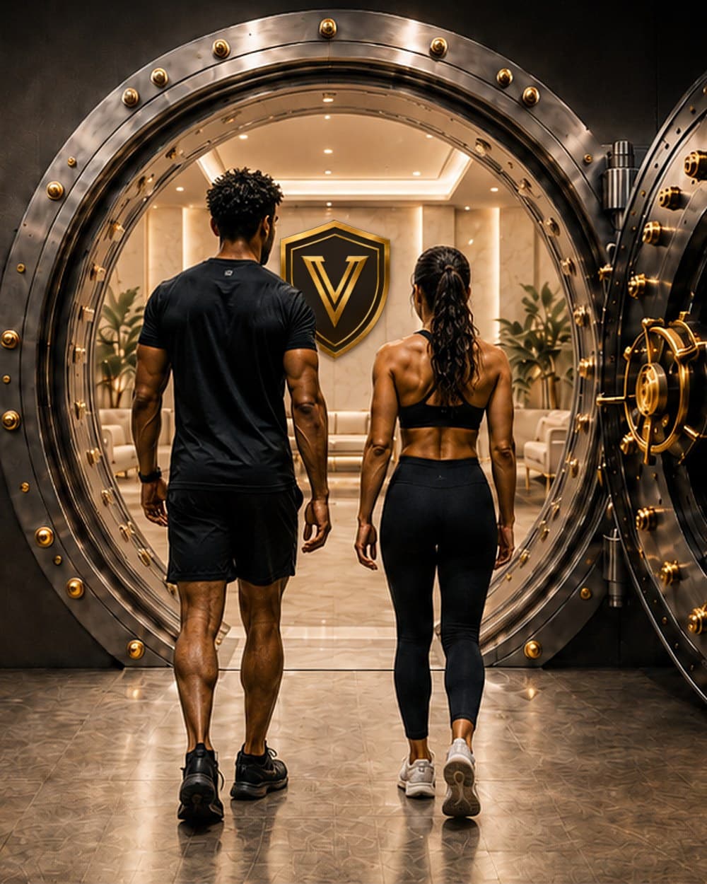 A man and a woman walking into an open, warmly lit vault with a gold shield on its back wall.