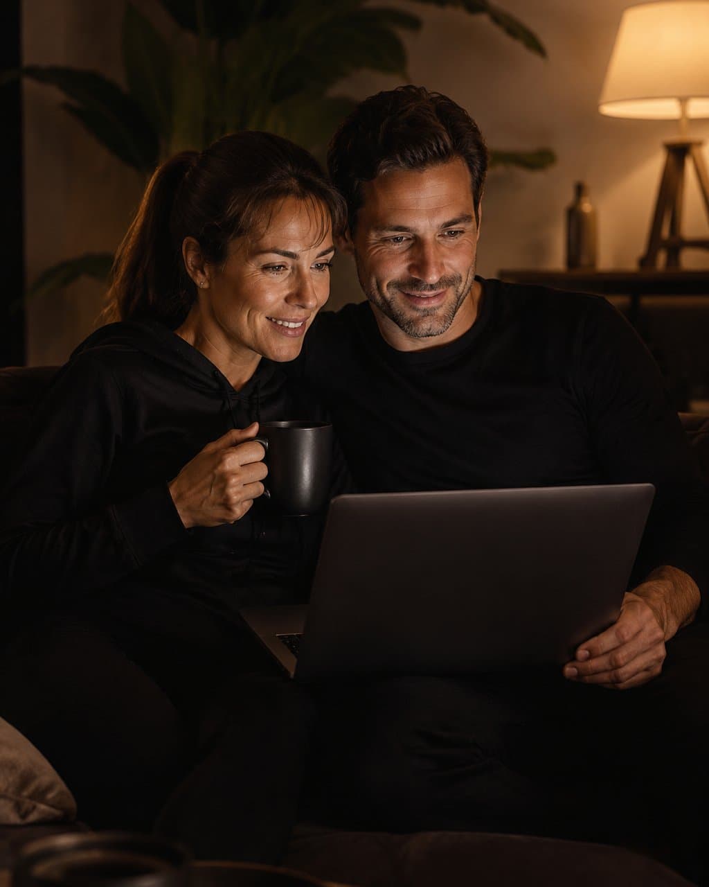 A couple on a sofa at home, looking at a laptop together.