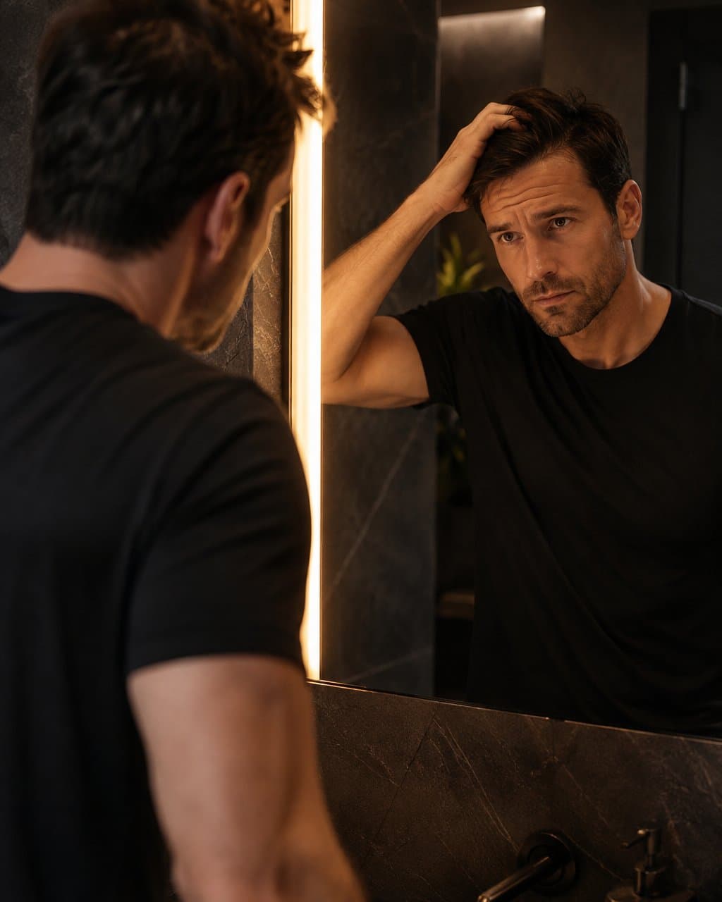 A man checking his hair in a warm-lit mirror.
