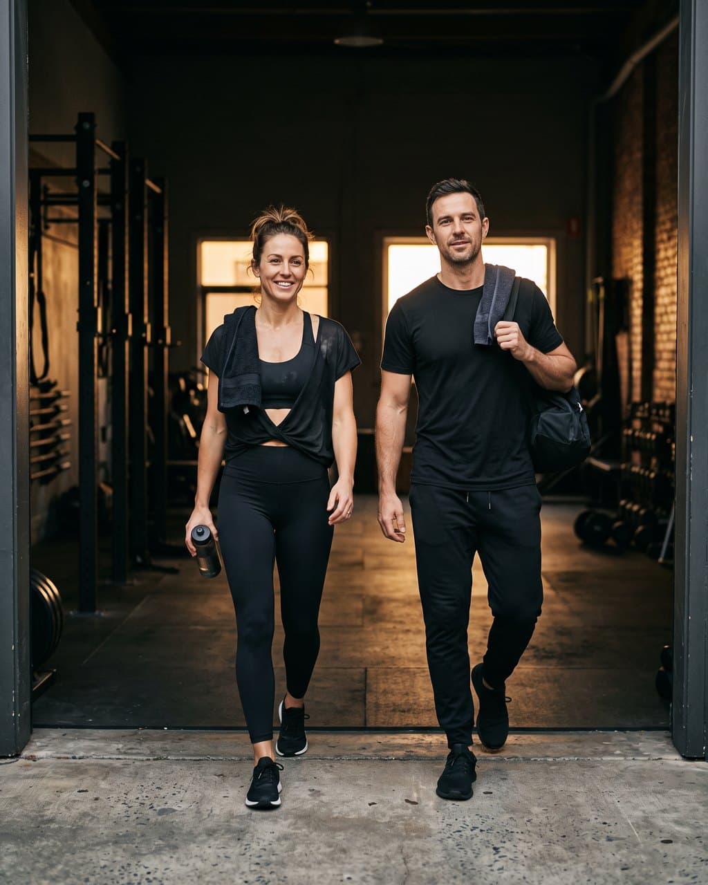 A man and a woman in black athleisure walking out of a training studio in warm light.
