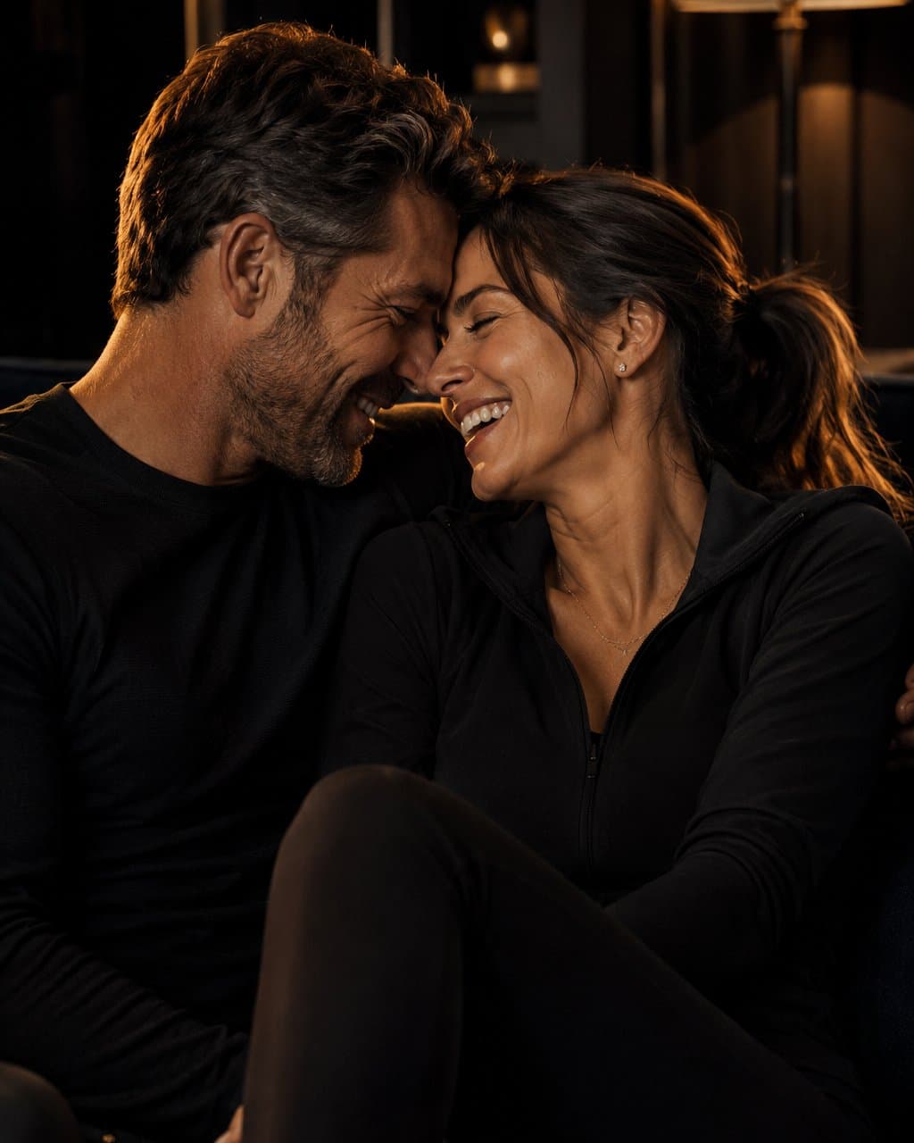 A couple laughing together in warm evening light.
