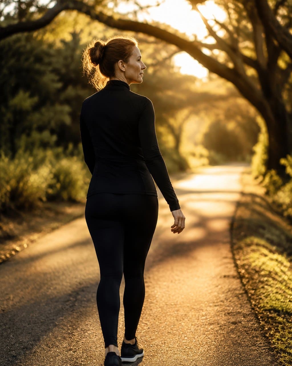 A woman walking a tree-lined path at golden hour.