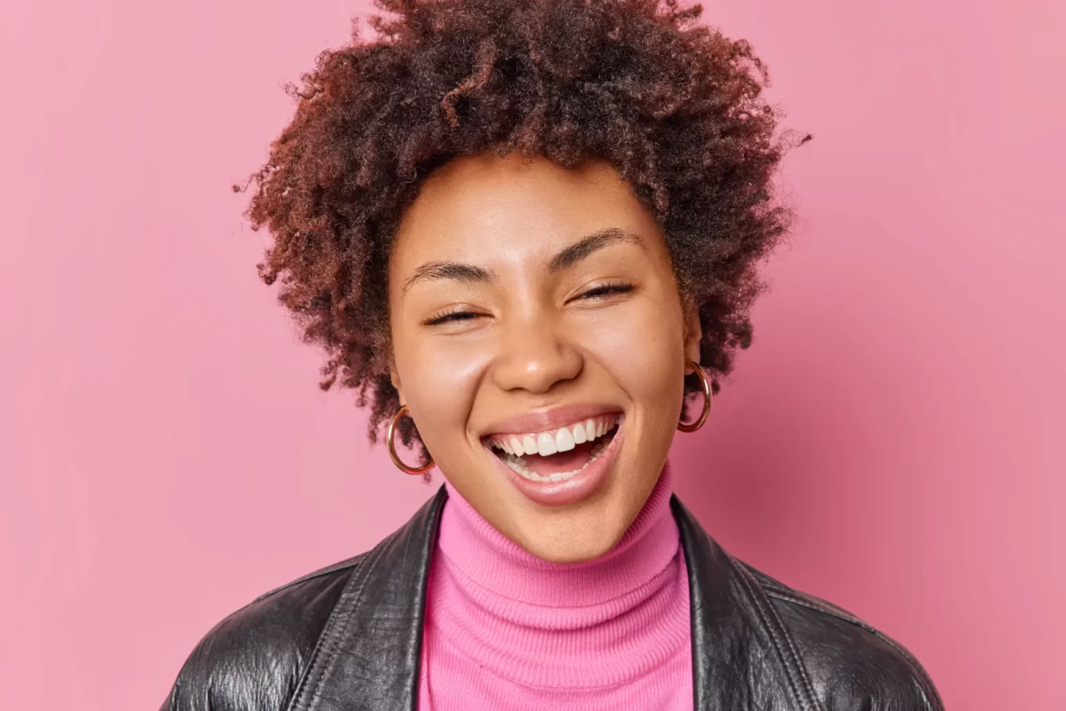 portrait of good looking woman with broad toothy s utc